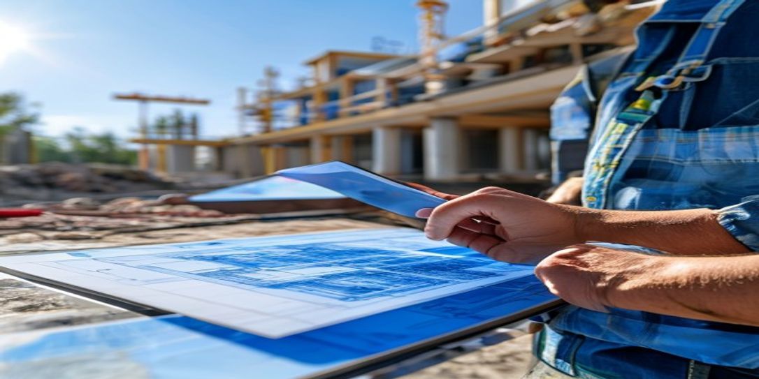Contractor using AI concrete cost calculator on a tablet