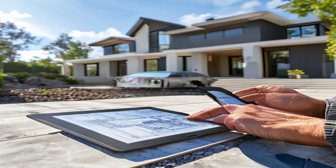 Professional concrete contractor using AI estimation software on a site visit