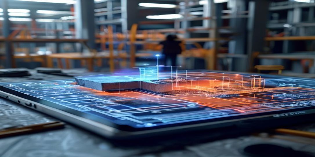 Professional contractor using AI software on a tablet to calculate concrete volume