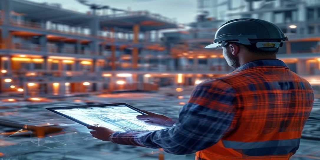 Contractor using AI-powered concrete estimation software on a tablet