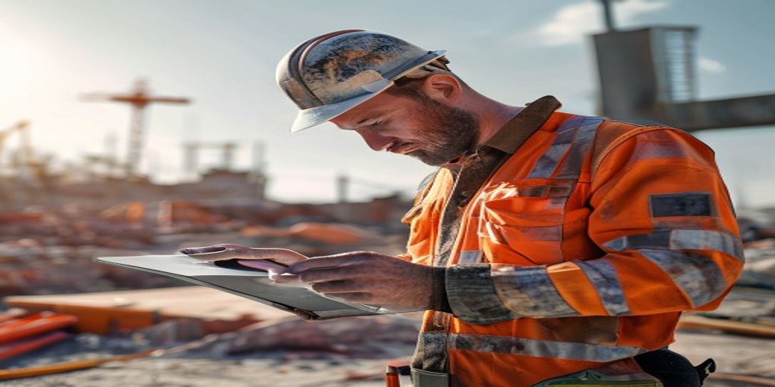 Professional contractor using FieldSquire AI on a tablet at a construction site