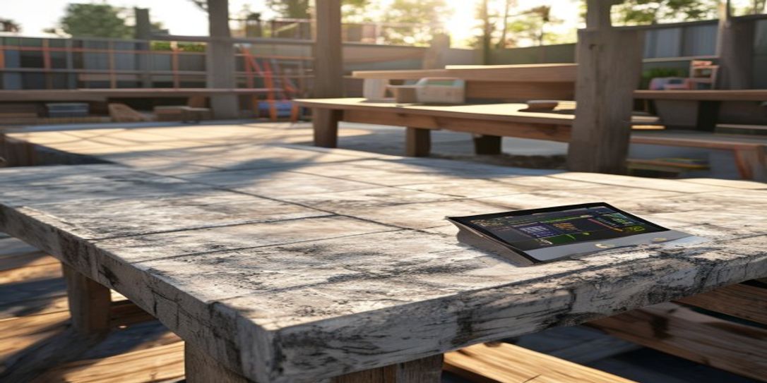 Professional contractor using AI concrete estimation software on a tablet at a residential site.