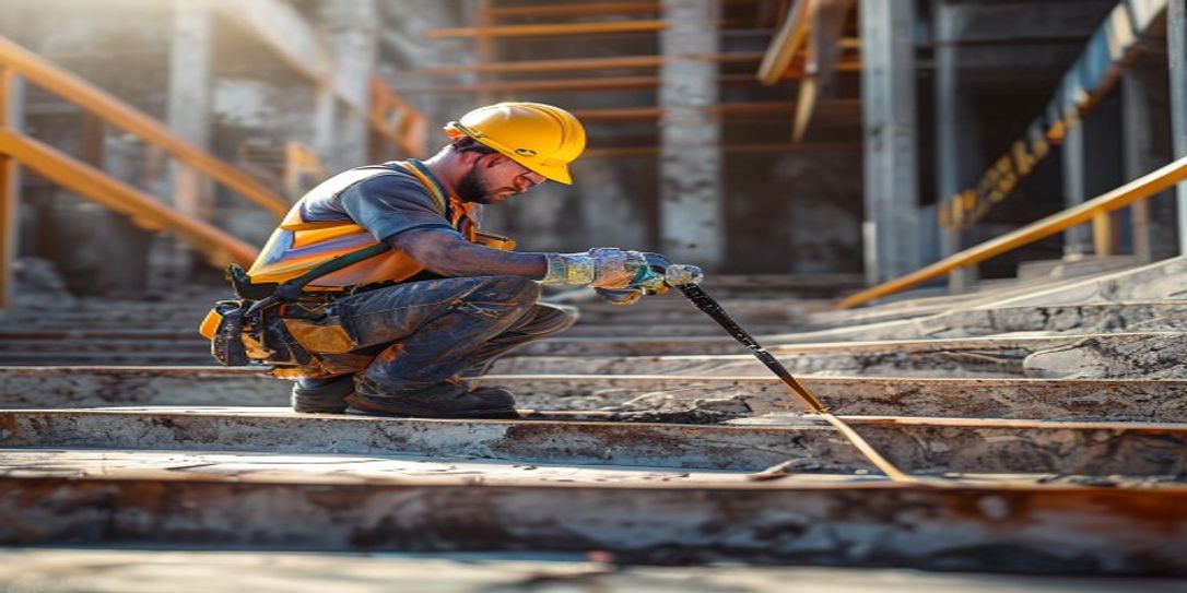 Professional contractor using a laser measure for concrete step estimation