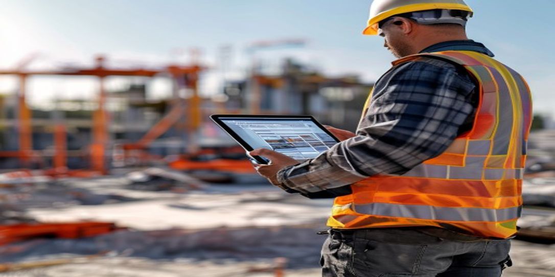 Professional contractor using FieldSquire concrete calculator app on a job site