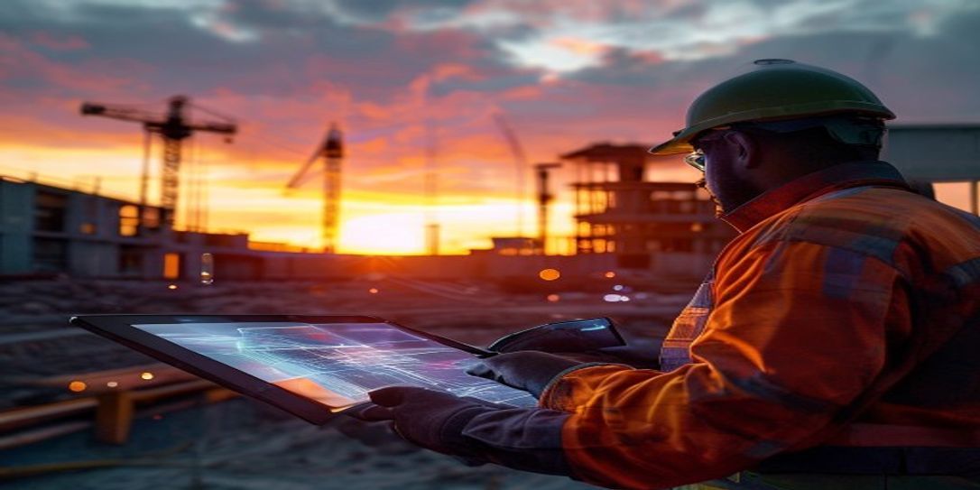 Professional concrete contractor using digital estimation software on a tablet