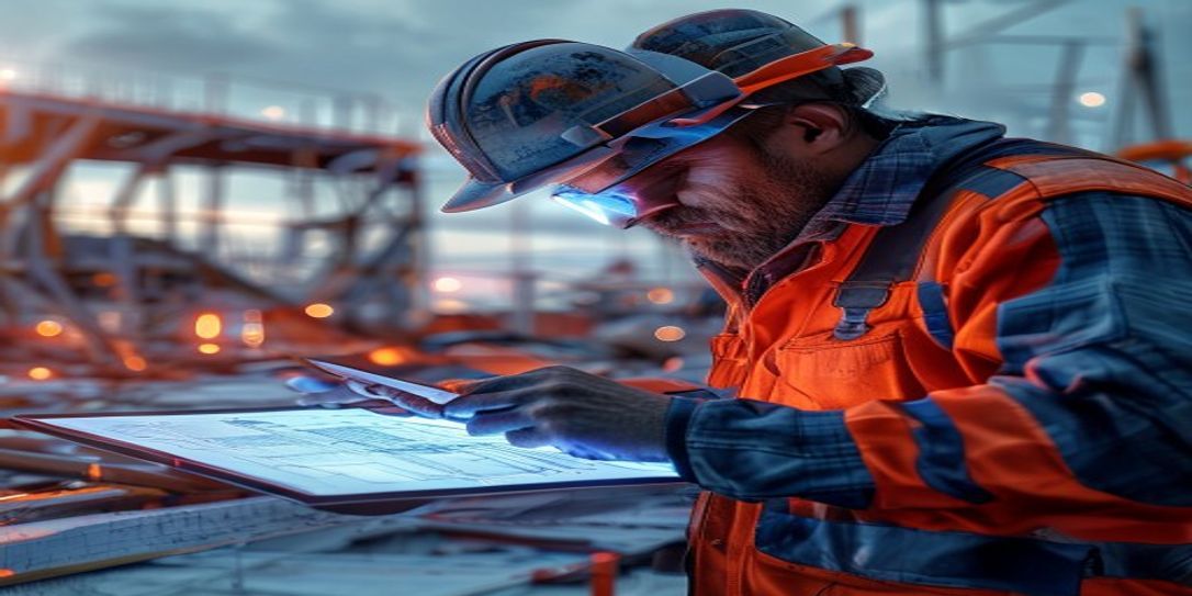 Contractor using AI-powered construction software on a job site