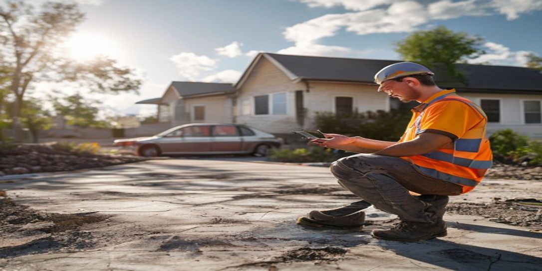 Professional contractor using an iPhone to estimate concrete for a residential driveway