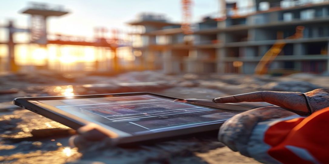 Concrete contractor using FieldSquire mobile app on tablet at job site