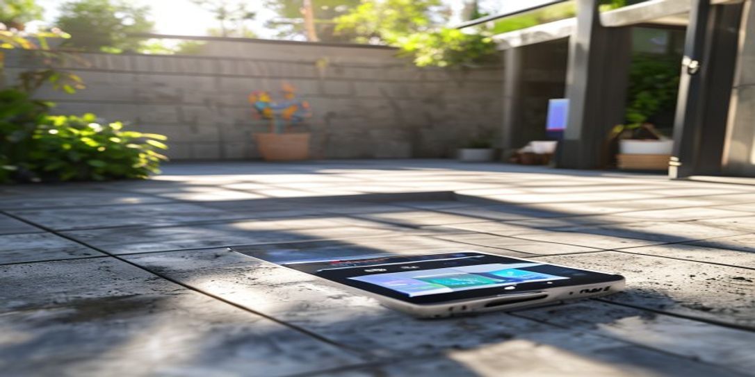 Professional contractor using a concrete calculator app on a smartphone at a residential patio site