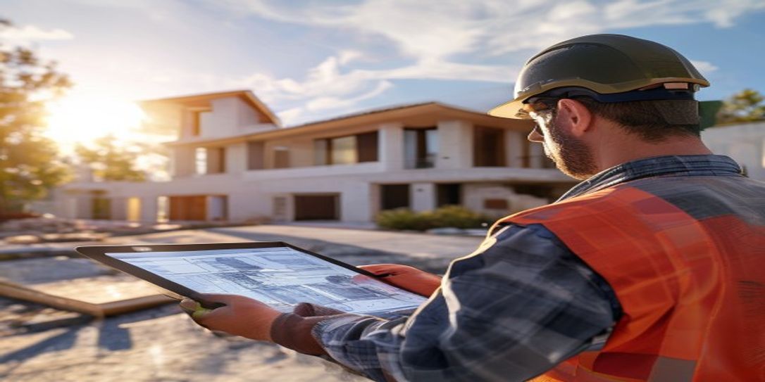 Contractor using AI-powered concrete takeoff software on a tablet