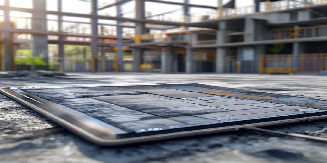 Contractor using AI software on a tablet for concrete driveway project planning