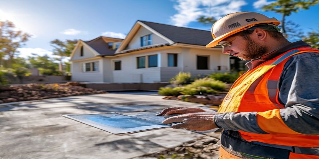 Contractor using digital estimation tablet on a residential driveway site
