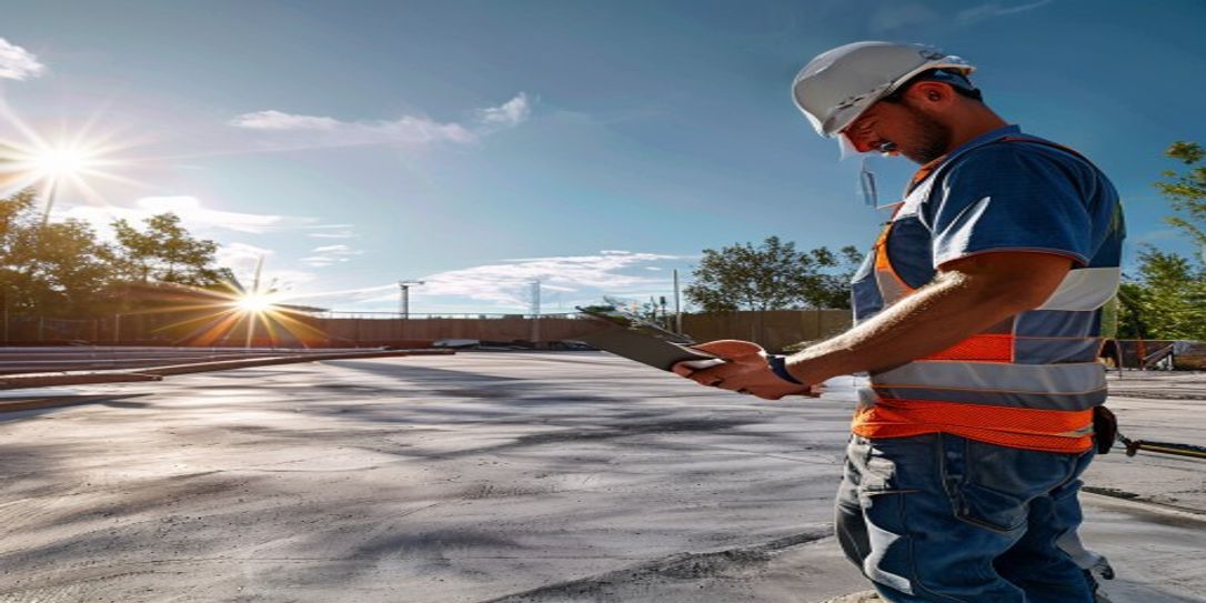 Contractor using FieldSquire app on a tablet for concrete project estimation
