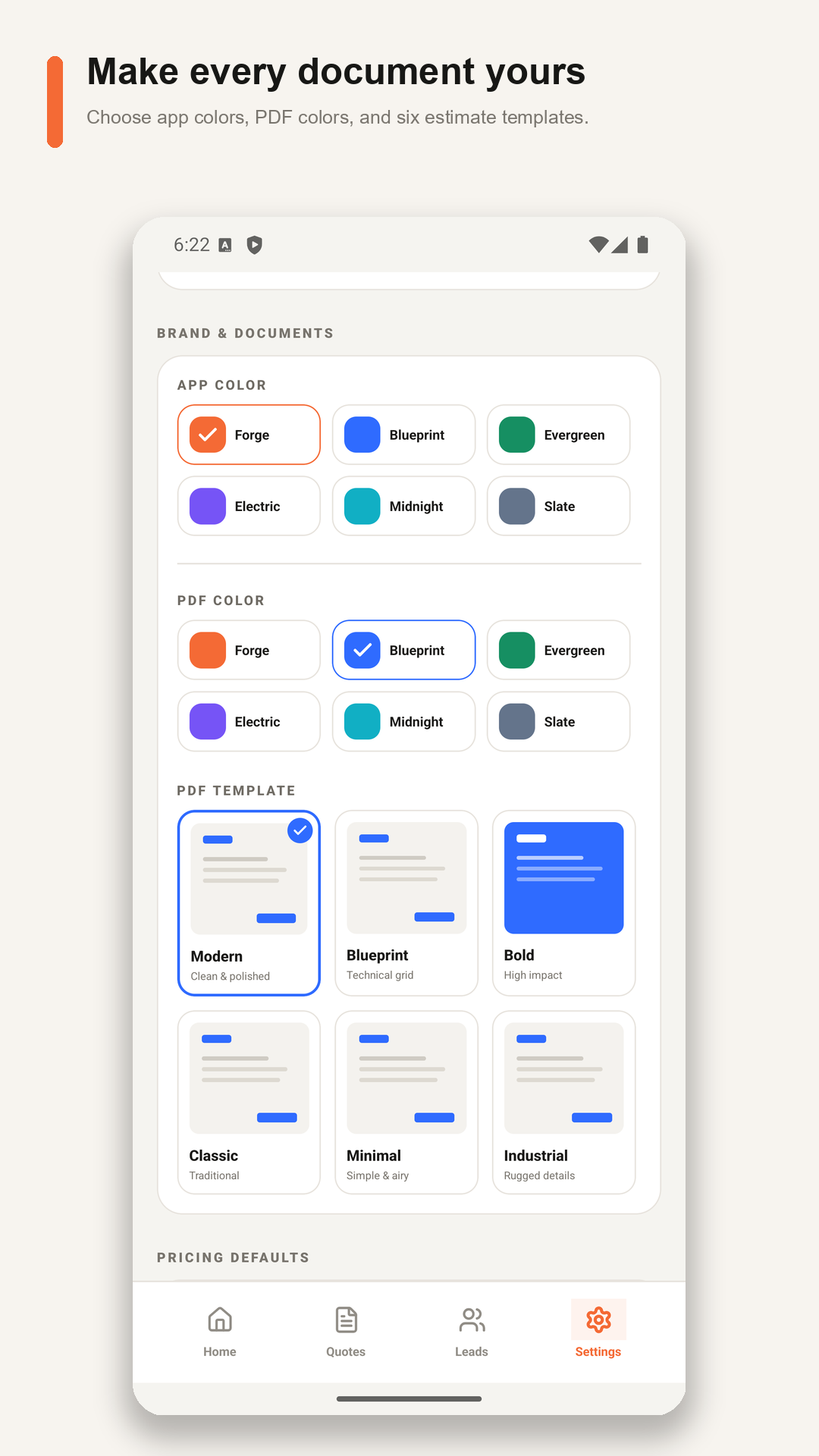 FieldSquire contractor profile and branded PDF settings