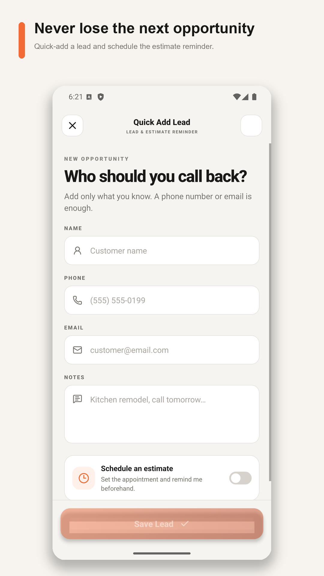 FieldSquire quick-add lead screen with estimate and callback reminders