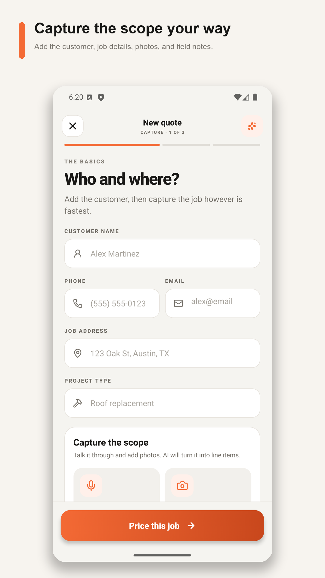 FieldSquire construction quote builder with customer and job information
